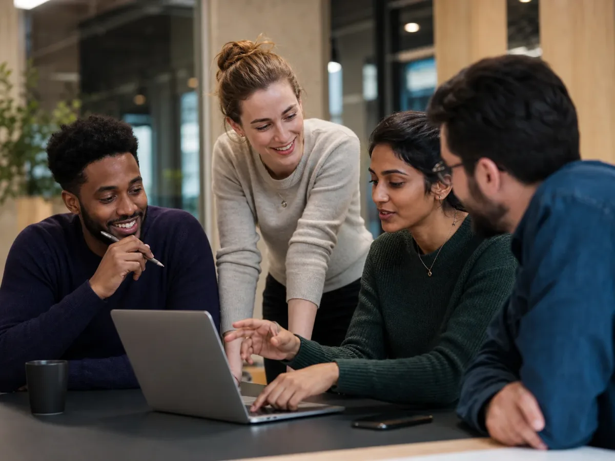 Fintech colleagues collaborating around a laptop